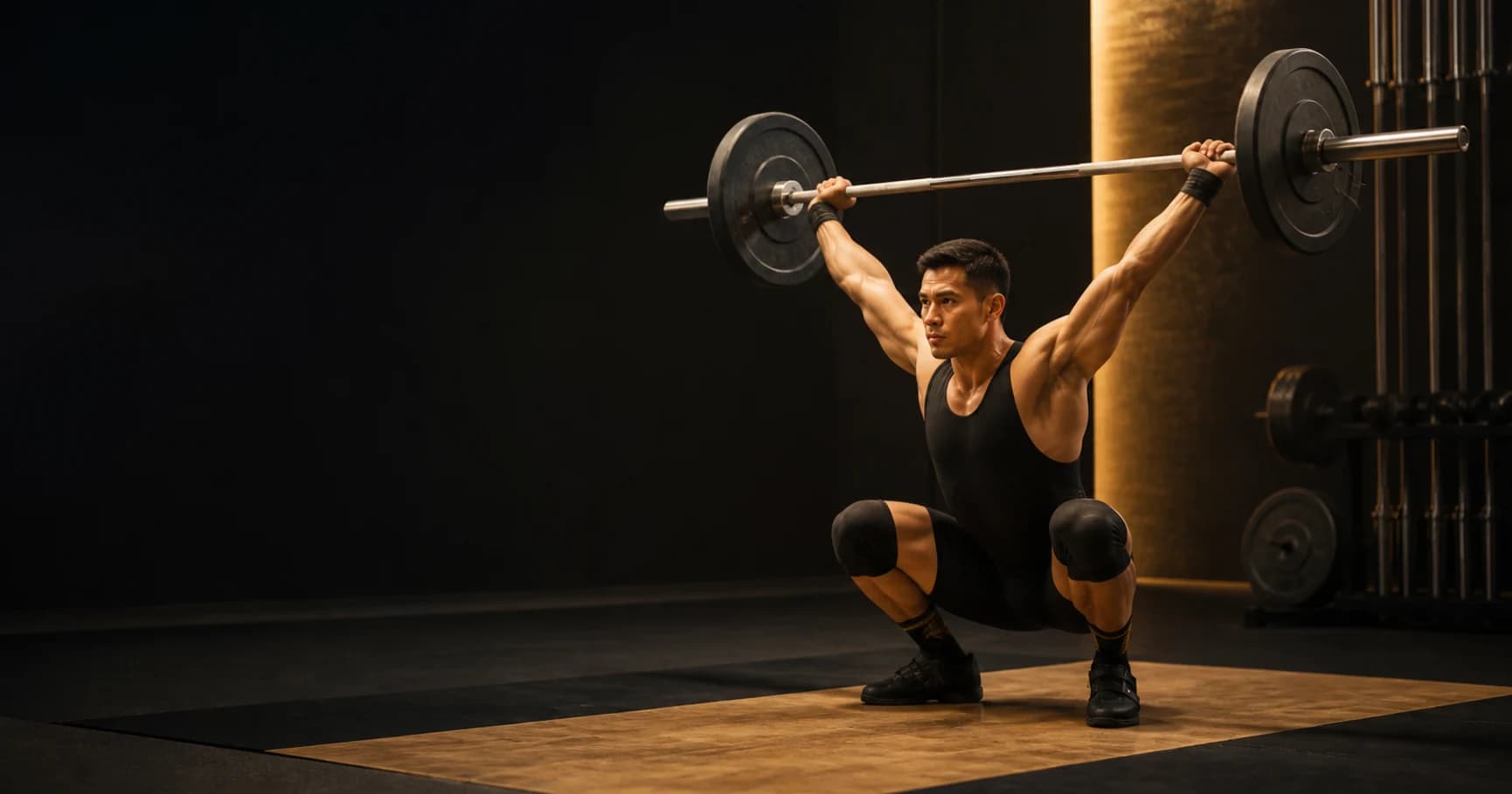 Olympic weightlifter holds a stable overhead squat with a complete gold-lit barbell over the middle of both feet