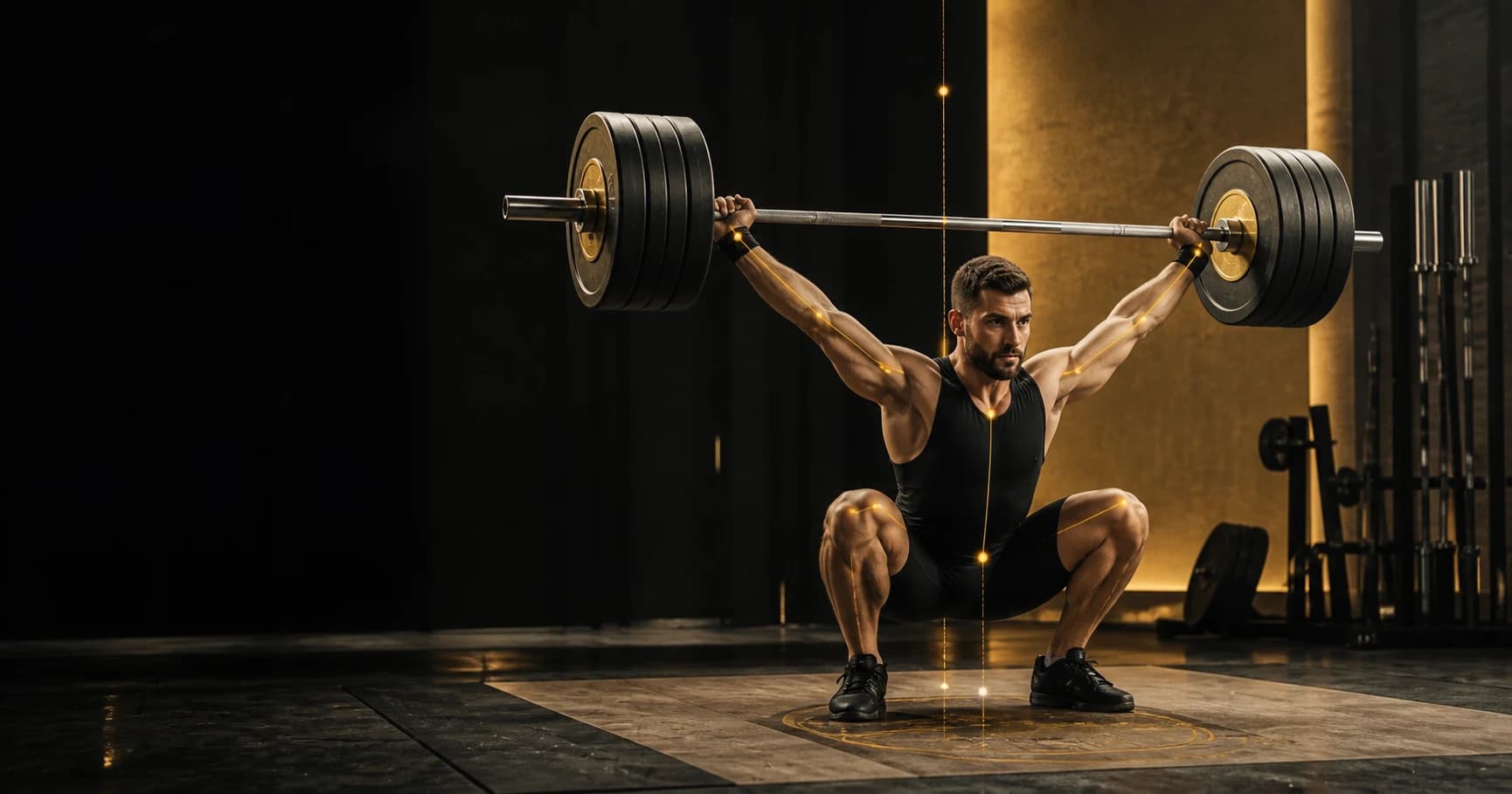 Weightlifter receiving a snatch while Olympic Weightlifting AI maps the bar path
