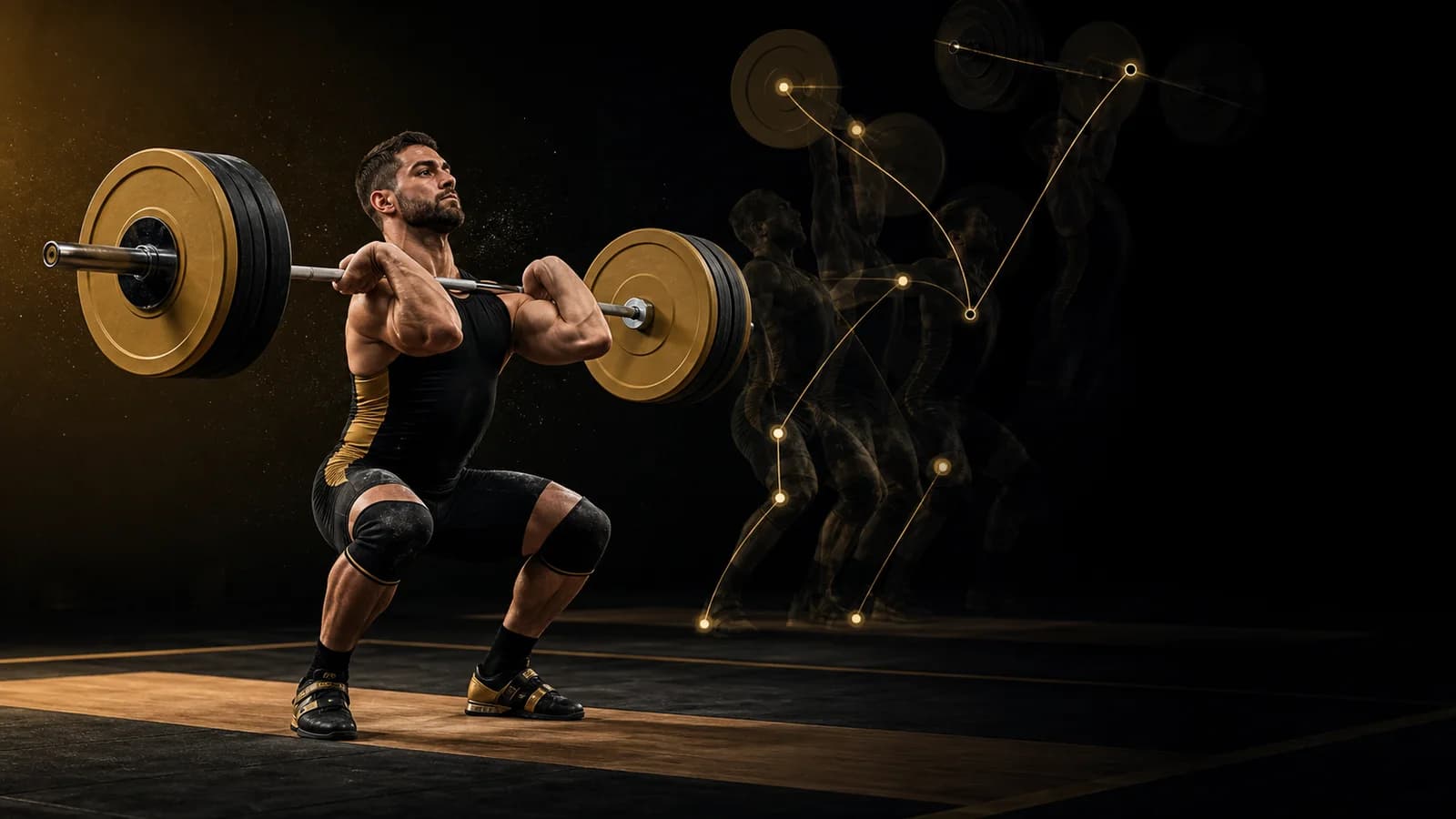 واجهة تحليل Olympic Weightlifting AI لرباع في وضعية الرف الأمامية بعد الكلين مع مسار ذهبي للنتر