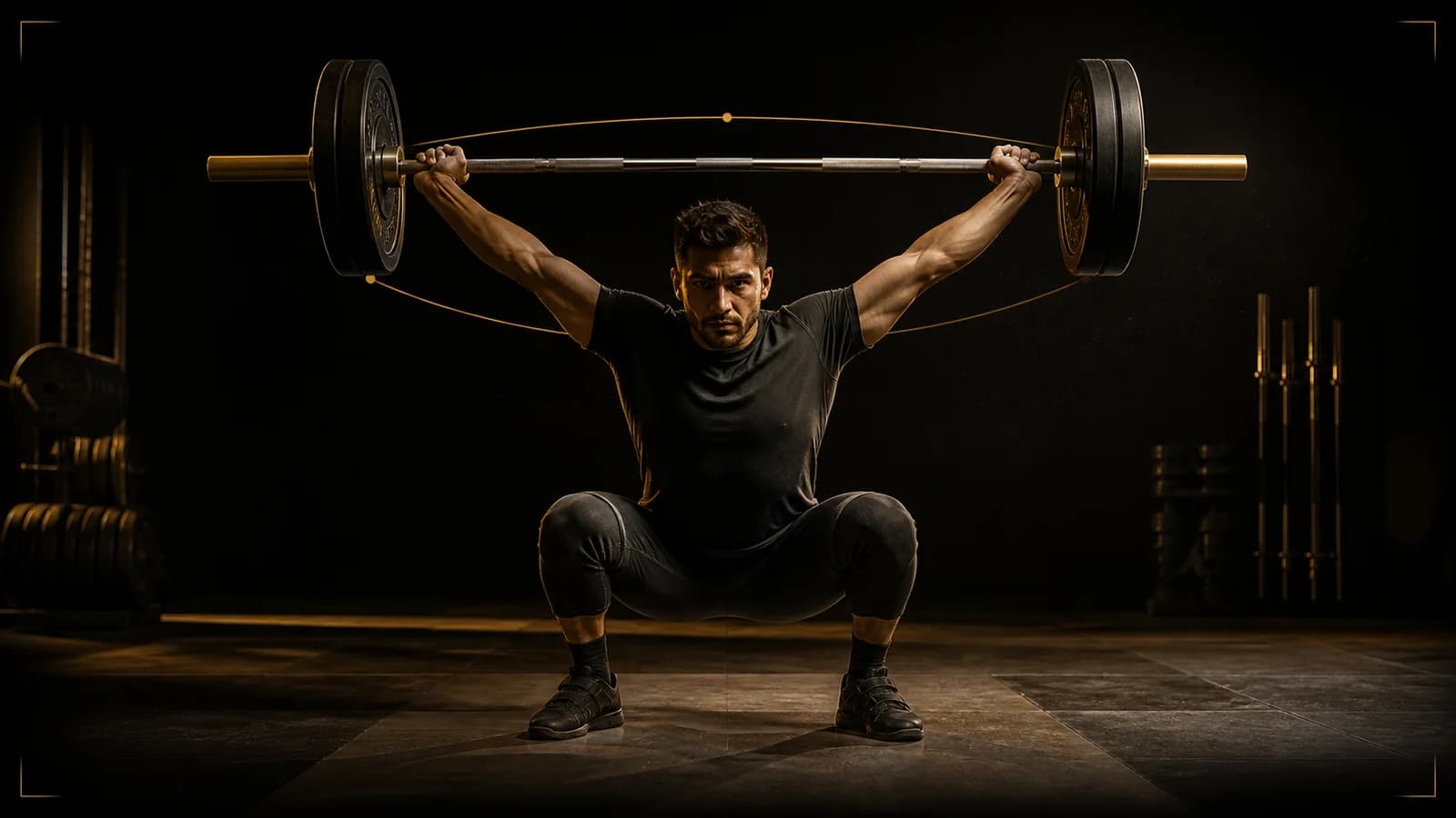 ربّاع يستقبل تمرين snatch balance في قرفصاء overhead مستقرة تحت بار كامل، مع مسار ذهبي متحكَّم فيه