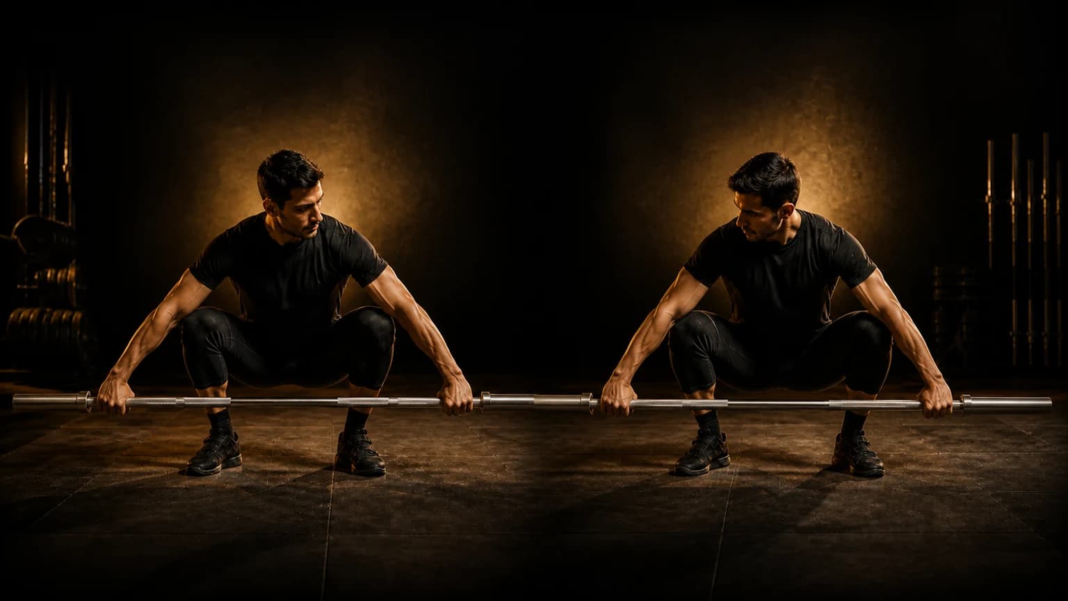 An Olympic lifter tests two snatch grip marks on an empty bar in gold and charcoal training light